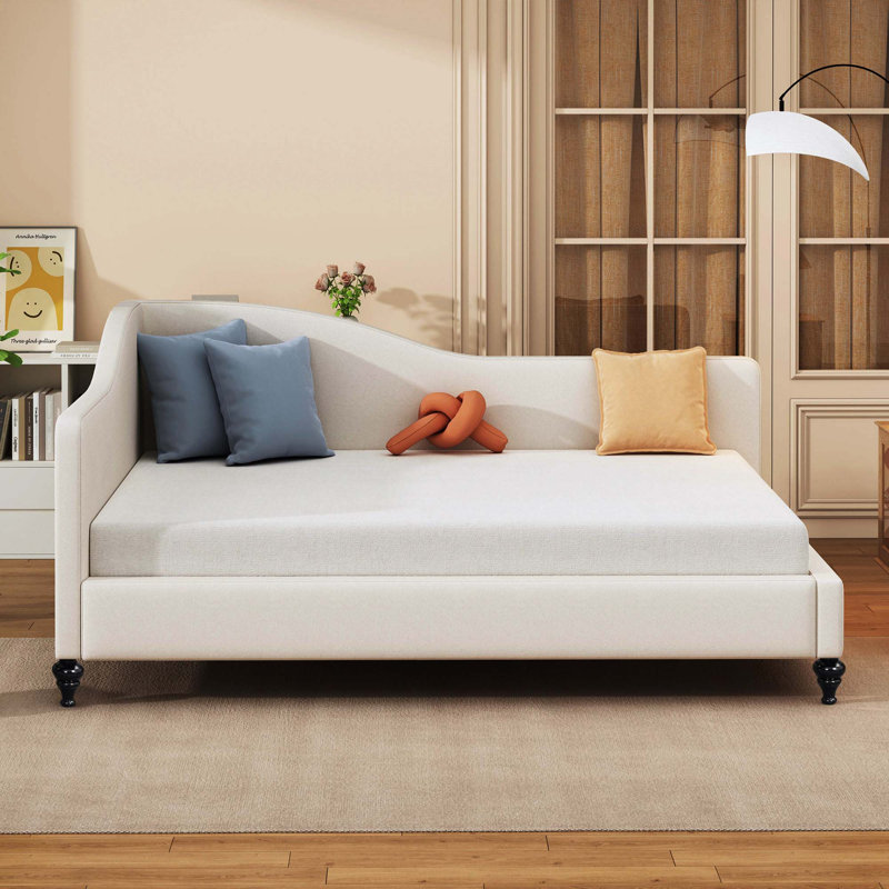 Lit de jour en L en forme de L, avec pieds en bois massif, Beige, Complet/Double