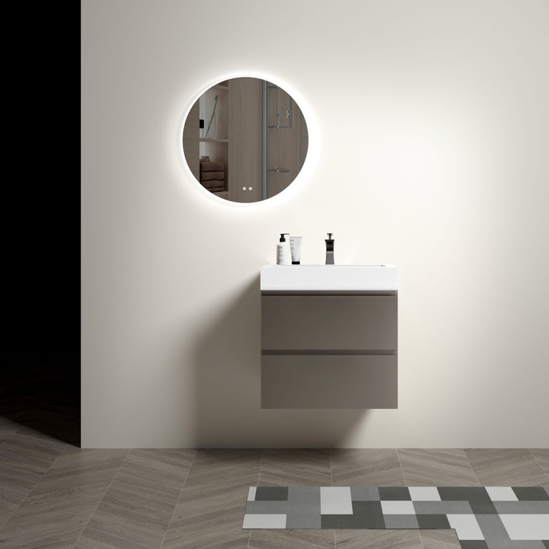 Meuble-lavabo de salle de bain moderne 24 po - Gris, fixation murale, tiroirs doubles pour plus d'espace, silencieux, chic avec rangement mural moderne,