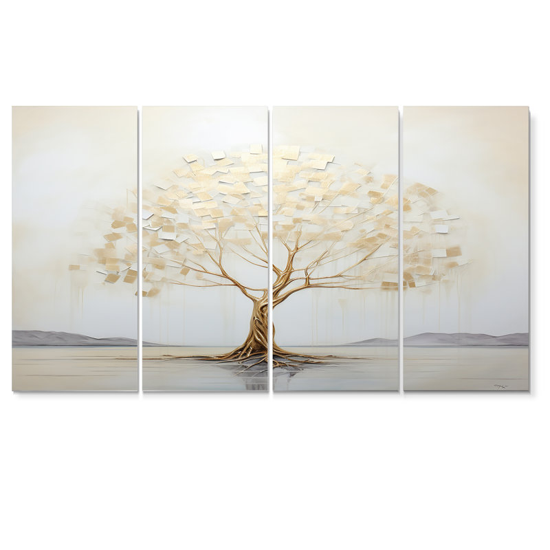 «Golden Tree In Lake Early Spring II», art mural sur toile 4 pièces, H 28 po x l 48 po