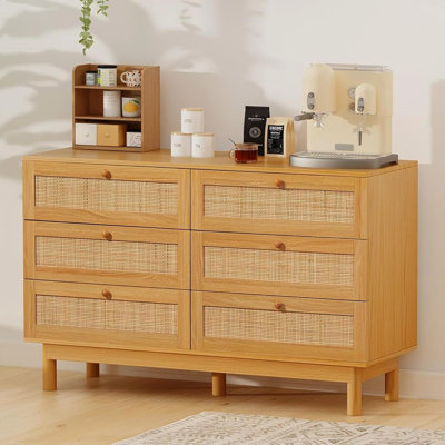 48 Inch 6 Drawer Rattan Dresser For Bedroom, Modern Wooden Chest Of Dressers With Spacious Storage, Beside Table For Closet, Entryway, Bedroom, Hallway, Living Room