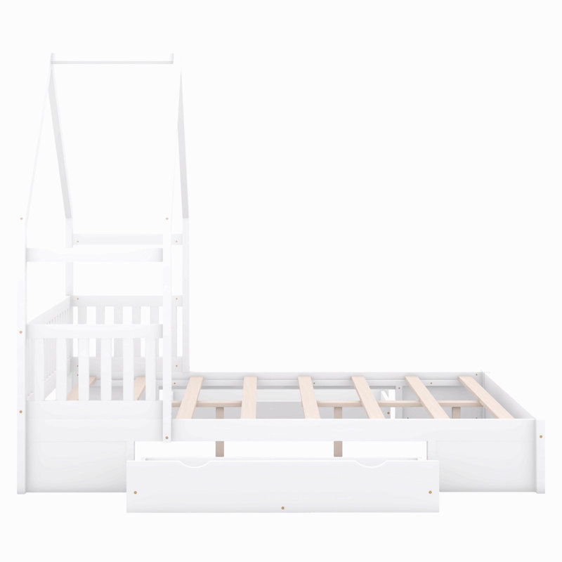 Grand lit plateforme en bois avec garde-corps et 2 tiroirs, Blanc