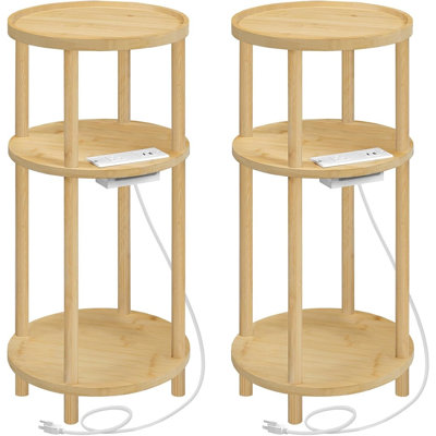 Ensemble de 2 petites tables d'appoint rondes avec station de charge 3 tables de bout en bambou pour le salon et la chambre à coucher - Naturel