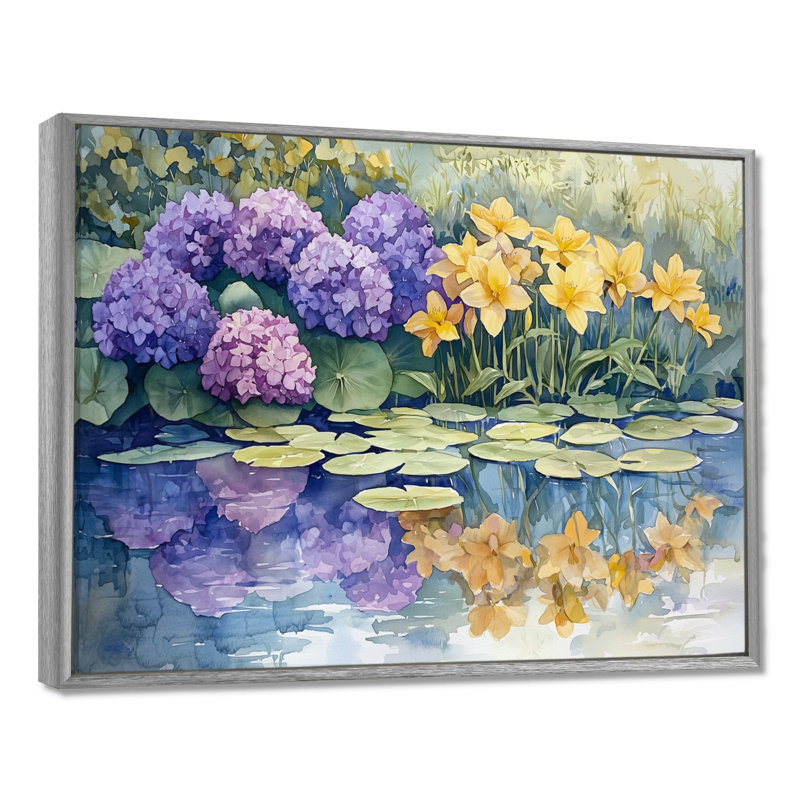Imagen hortensias et lys au bord du lac III - hydrangées, art mural, H 12 po x l 20 po, Impression encadrée flottante