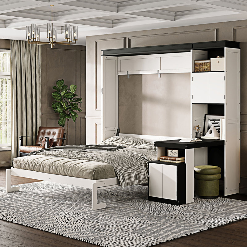 Lit escamotable avec bureau, tablettes et armoires de rangement
