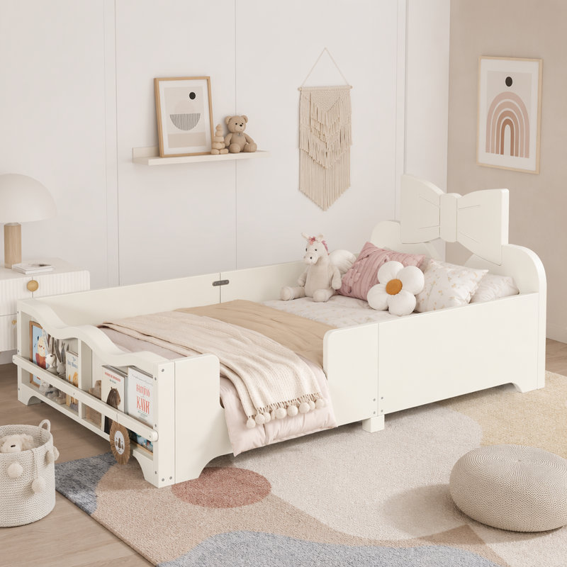 Lit plateforme simple avec tête de lit, garde-corps et bibliothèque, Twin, Beige
