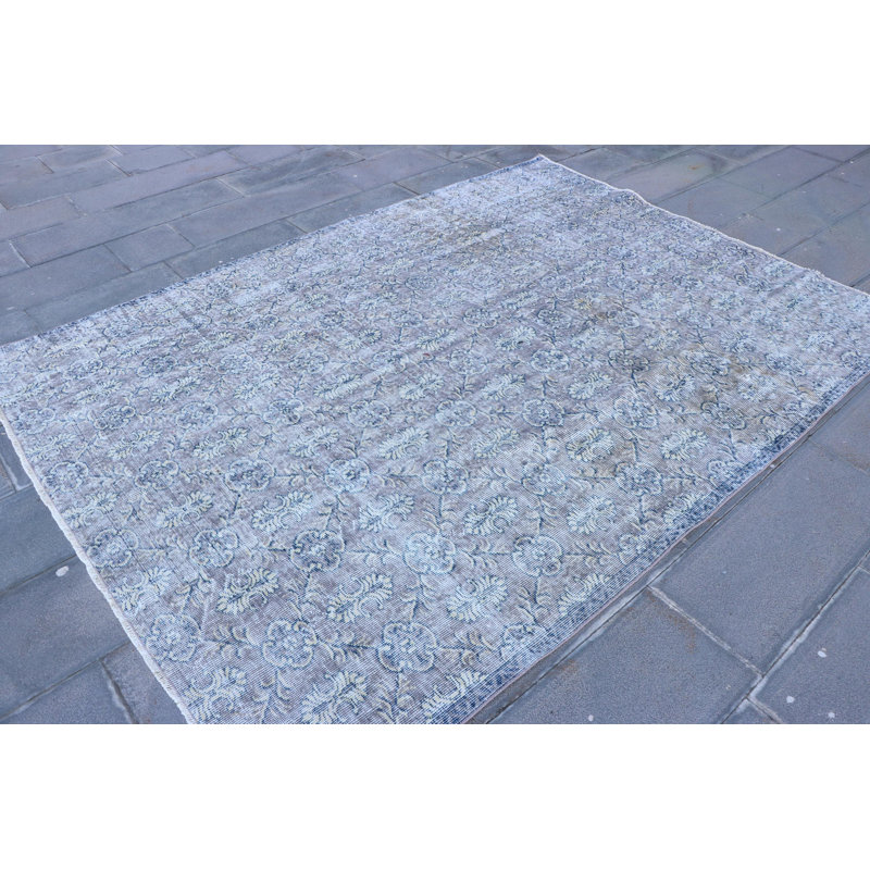 Tapis rétro Oushak avec frange bleue rétro