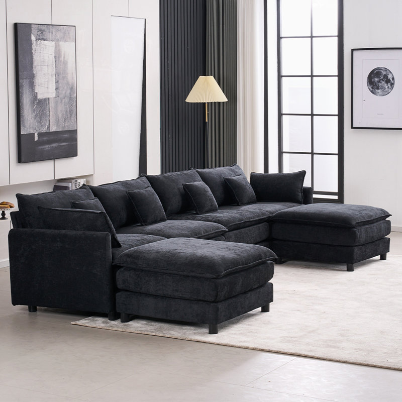 Canapé modulaire rembourré à 4 places pour salon, Chenille noir