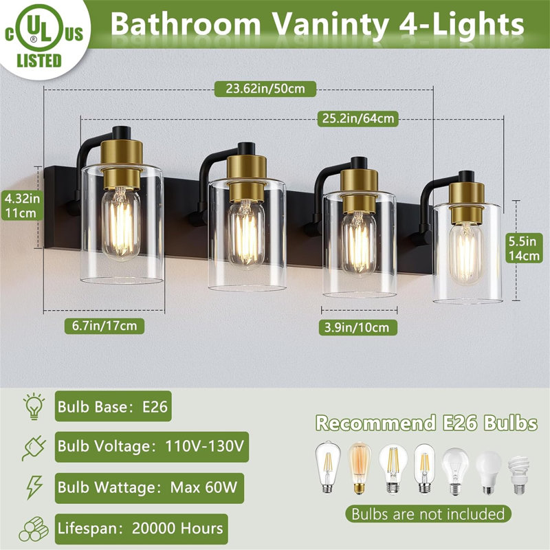 Dimmable Vanity Light, 4, Matte Black/Gold