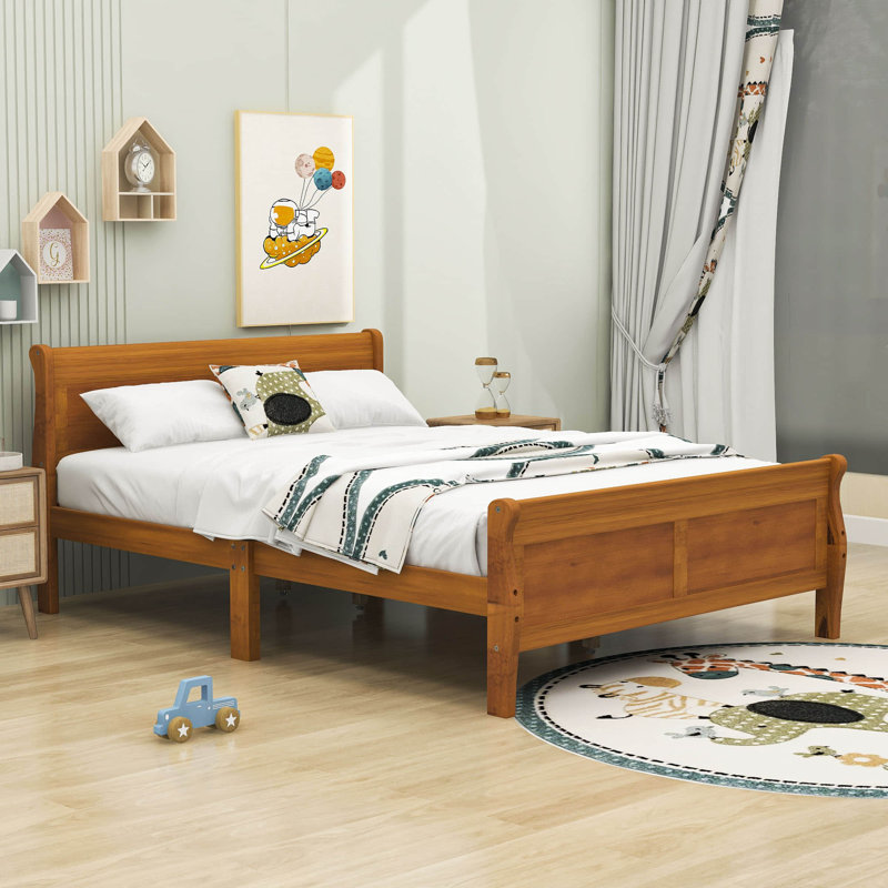 Dovidio Wood Platform Bed Frame with Headboard, Oak, Queen