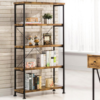 Rustic 4-Shelf Bookcase In Antique Nutmeg And Black, Ideal For Organizing Home Office Living Space & Black Bookcase, Enhances Room With Touch