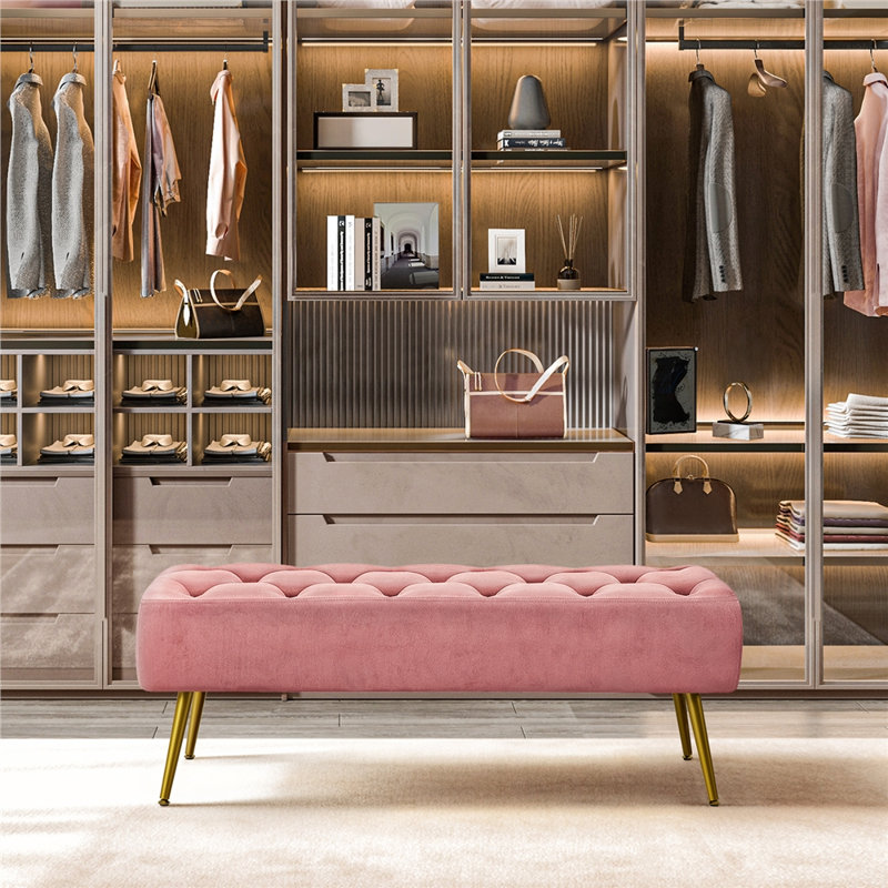 Italee Modern Versatile Tufted Velvet  Bench with Gold Metal Legs,  Upholstered Footstool, Pink