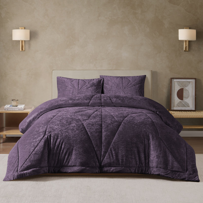 Ensemble d'édredon réversible à motif géométrique en velours 3 pièces Gabriel, Double/Grand, Aubergine, 3