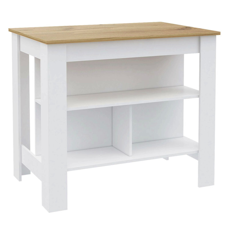 Kitchen Island, Kitchen Table 35" H, Four Legs, Three Open Storage  Shelves, White , White