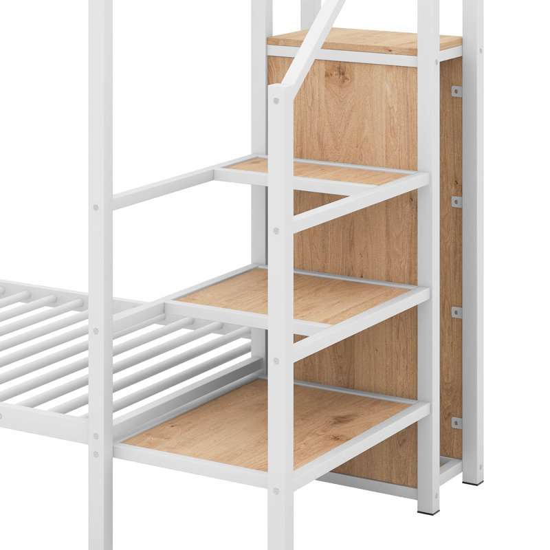 A Full-Sized Over Full-Sized Metal Bunk Bed, Equipped With A Lateral Storage Ladder And A Wardrobe, White, Full Over Full