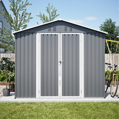 Remise de rangement extérieure 8 x 12 pi - Grand outil en métal avec cadre en aluminium, portes verrouillables, grand espace pour la pelouse de jardin, assemblage pratique et facile avec rangement double, marches