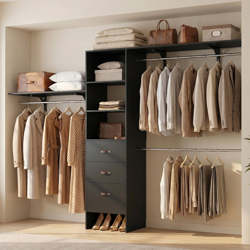  Quion 20.2 - 120 '' W Closet System with Wooden Drawers and Hanging Rods(cut To Fit), Black