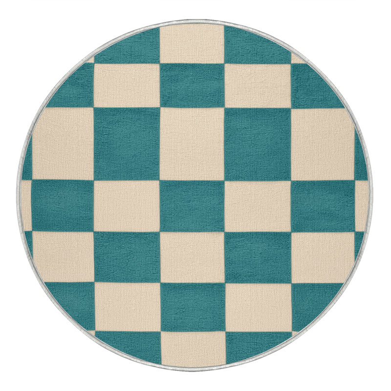 Machine Washable Checkered Beige Area Rug, Round 5'