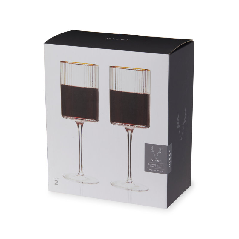 Meridian Ribbed Crystal Wine Glasses with Gold Rim, Set of 2