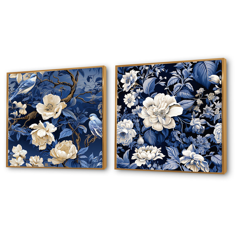 Matteo - Ensemble de 2 collages floraux carrés, H 16 po x l 33 po, Cadre flottant doré