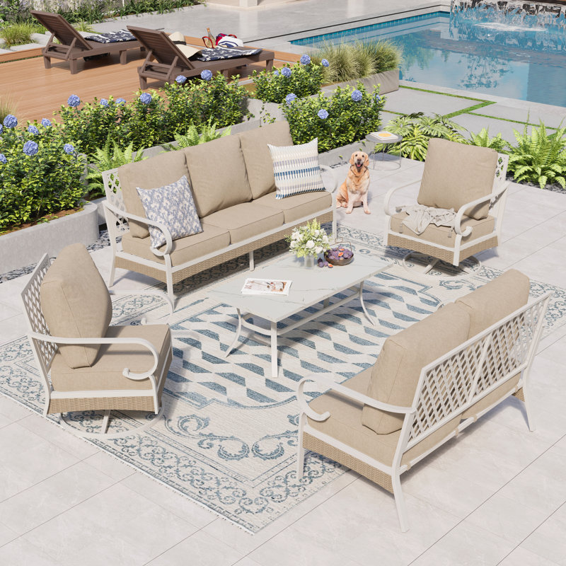 Ensemble de conversation pour patio 7 personnes avec causeuse et fauteuils pivotants, Beige