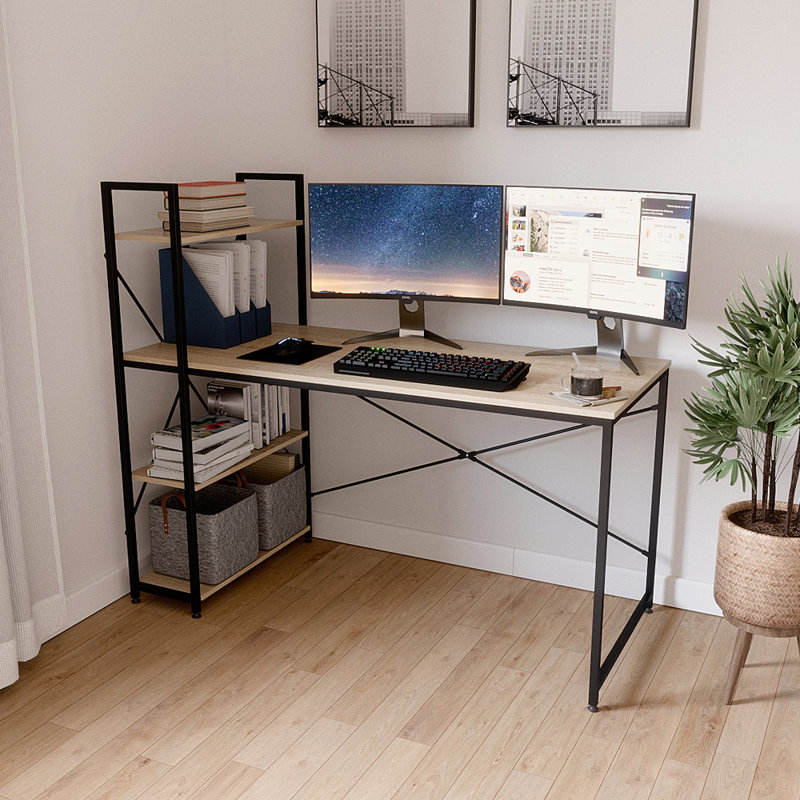 Bureau d'ordinateur réversible l 47 po Atencio avec tablettes réglables, Jaune clair, H 47,6 po x l 55,12 po x P 25,2 po