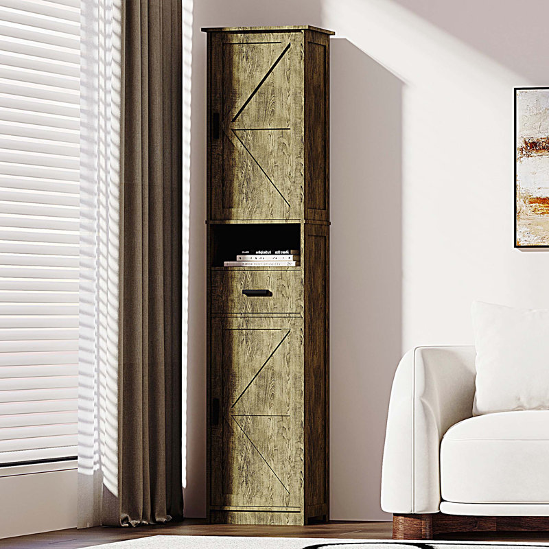 69" H Tall Storage Cabinet with 2 Barn Doors and 1 Drawer, Narrow Storage Unit with Adjustable Shelves, Floor Cabinet for Bathroom, Living Room, Kitchen