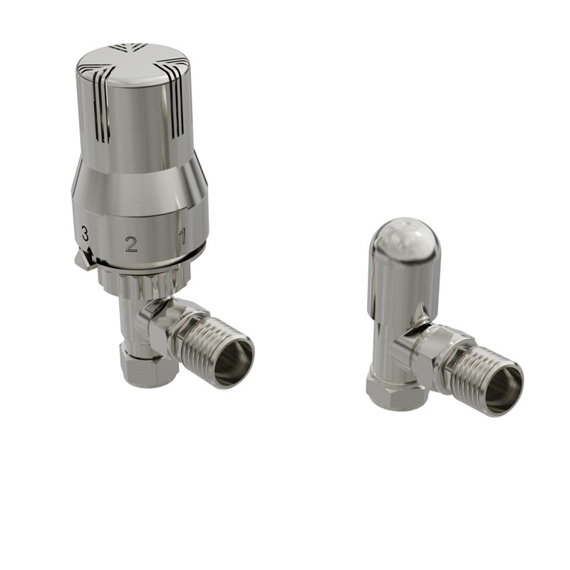 Angled Thermostatic Valve And Manual Radiator Valve For Heated Towel Rail Radiator, Satin Nickel