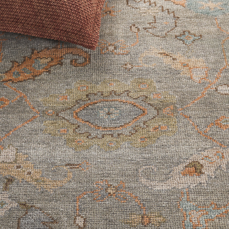 Tapis oriental gris / rouille en laine / viscose noué à la main Izmir, Rectangle 10 po x 14 po