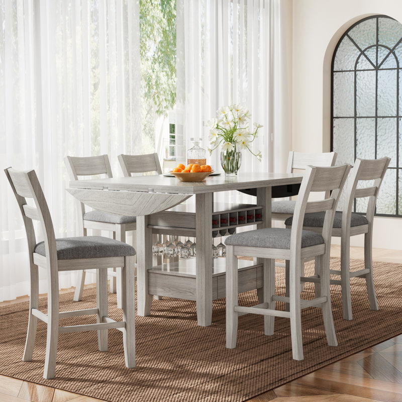 Ensemble de table de salle à manger à hauteur de comptoir avec chaises, table de cuisine à abattants en bois massif avec tablettes de rangement, ensemble de table de salle à manger et chaises de style Mid-Century moderne 7 pièces