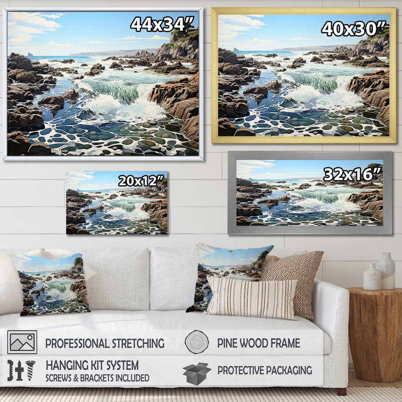 Paysage de plage sauvage I - reproduction sur toile, Cadre flottant noir, H 12 po x l 20 po x P 1 po