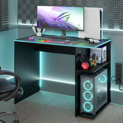 Gaming Computer Desk 39 Inch with 2 Shelves and Headphone Hanger Wooden Sturdy Home Office Table for Kids and Adults by Latitude Run