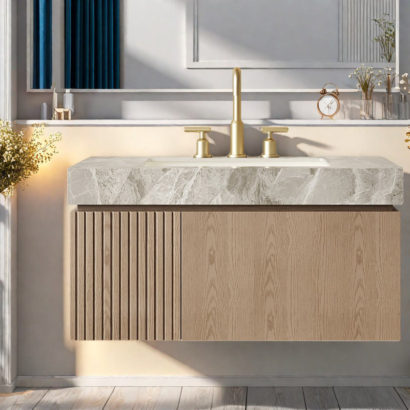 Meuble-lavabo moderne avec lavabo, pierre frittée italienne, rangement spacieux