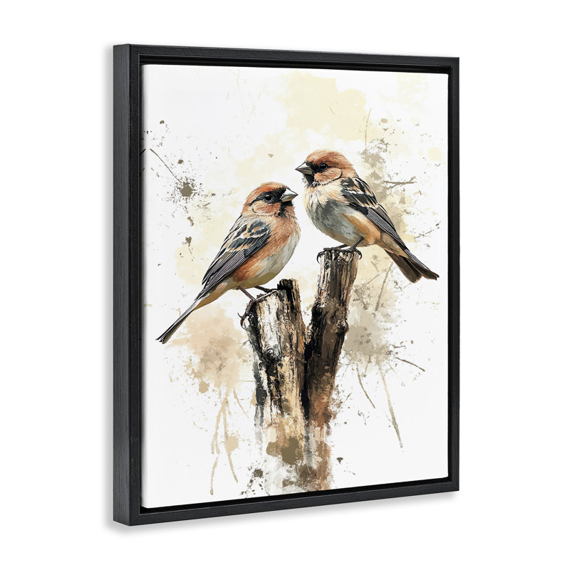 «Twin Birdies on Perch Floater», art mural par Franklyn Gregory, H 31 po x l 25 po, Cadre flottant noir de jais