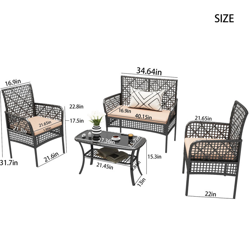 Ensemble de 4 chaises de jardin avec coussins en PE, coussins moelleux et table en verre trempé