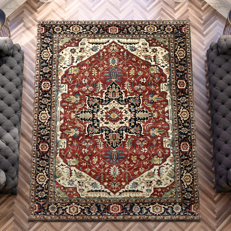 High-Quality Hand-Knotted Red And Blue Area Rug, Rectangle 5' x 8'