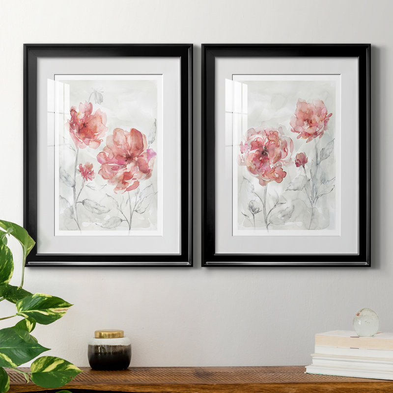 «Blush Botanical I», ensemble de 2 reproductions d'art, Papier encadré noir, Blanc, H 22,5 po x l 61 po x P 1,5 po