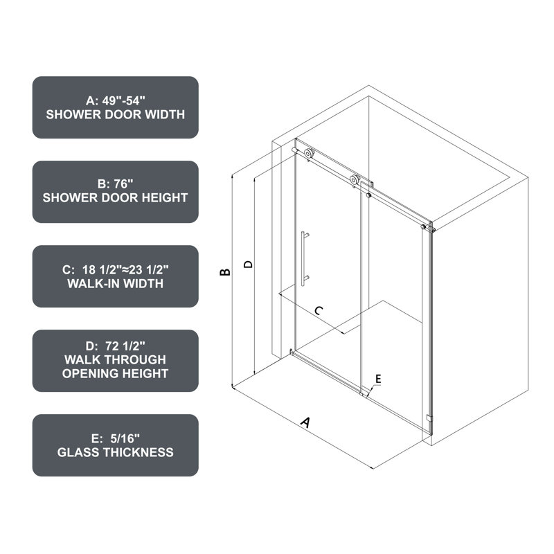 Porte de douche en verre trempé pour espace 49 po à 54,8 po One One Shifted avec fonctionnalités et nettoyage Nano