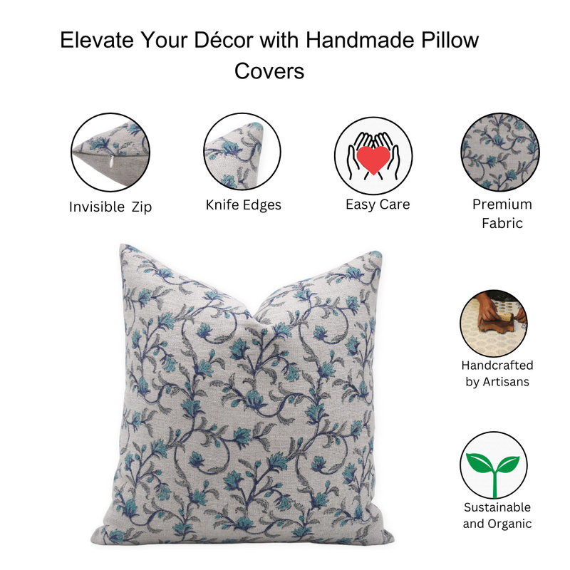 Linen Lumbar Indoor/Outdoor Pillow Cover, 14" x 20", Blue Floral 1