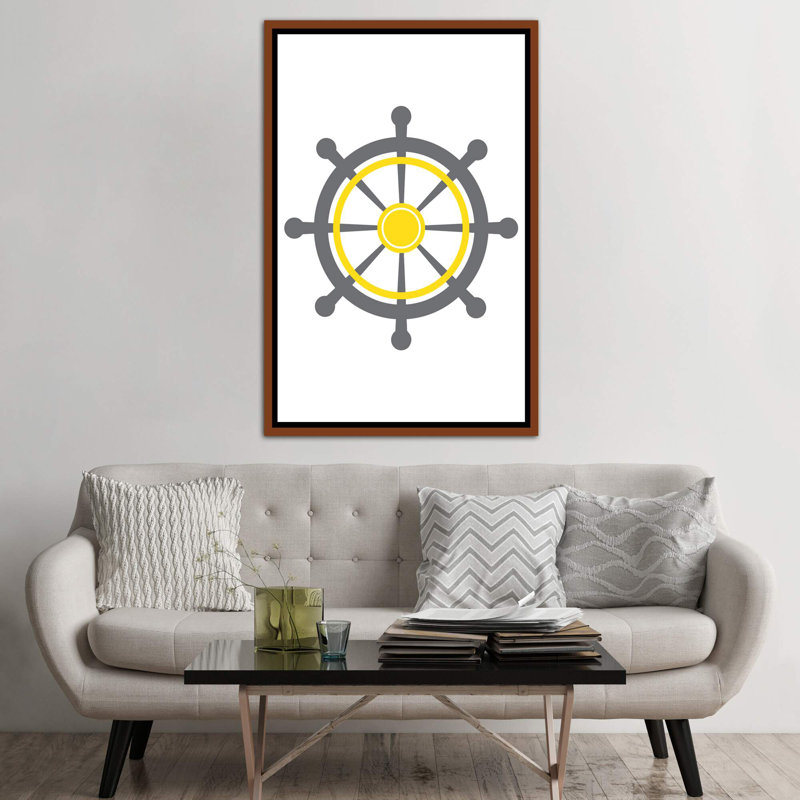 «Yellow Boat Wheel Nordic Design», impression d'art graphique, H 60 po x l 40po x P 1,5 po, Toile avec cadre brun