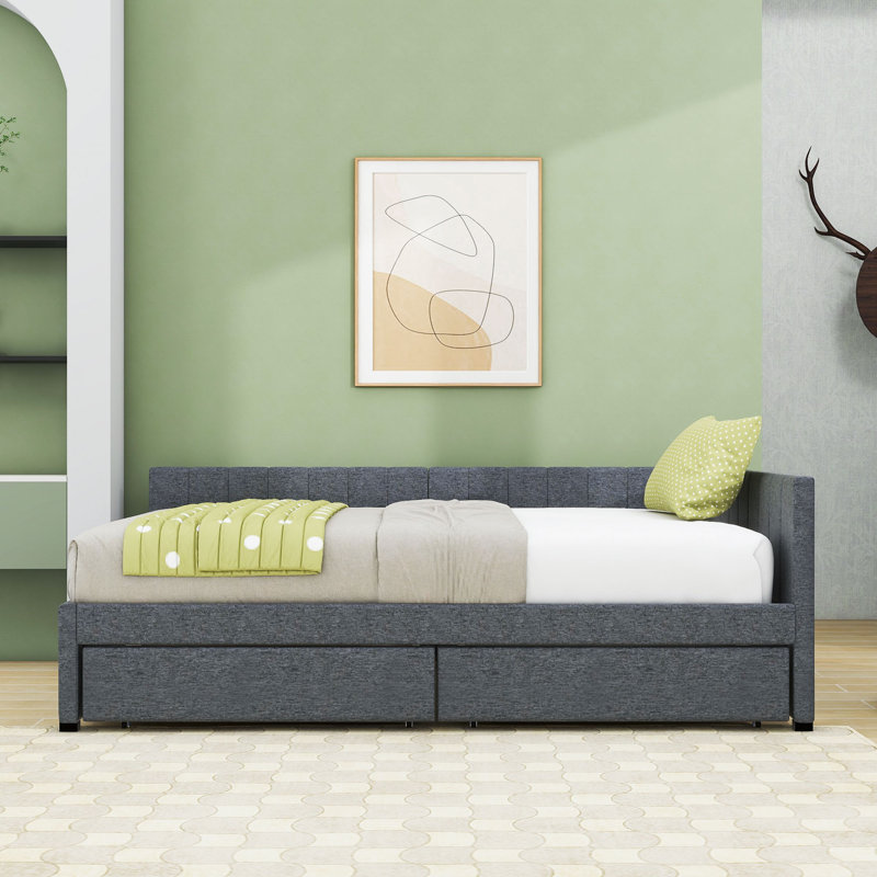 2 Drawers Full Upholstered Daybed, Semi-Closed Design, Gray