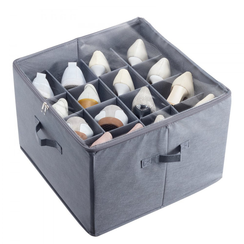 Sturdy Under Bed Shoe Storage Organizer, Adjustable Dividers Fit 16 Compartments, Shoe Storage Organizer for Closet Organization with Clear Cover, Shoe Rack & Basket, For Closet, Entryway, Trunk, L17"x W17"x H12.4", Grey
