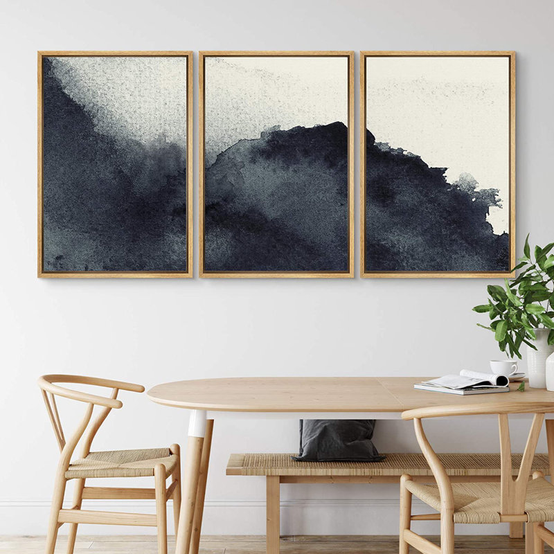 Triptych Faded Gradient Zen Ink Dots Abstract Framed Canvas Art 3 Pieces Painting Print Wall Decor, Natural Framed