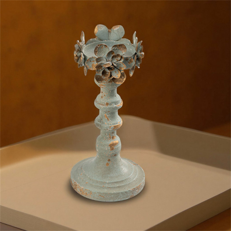 Metal Floral Decoration Candle Holder, Rustic Distressed Blue Finish, Elegant Home Decor, 12.6" H x 4.73" W x 4.73" D