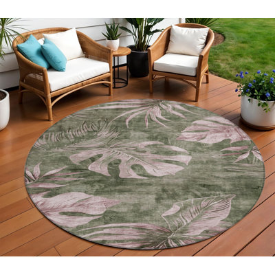 Tapis rond à motifs floraux vert olive et rose poudré, lavable, pour intérieur et extérieur, 2,44 m (8 pi).