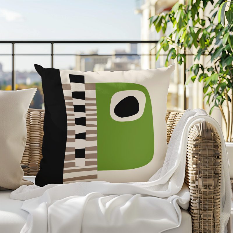 Oreiller carré réversible intérieur / extérieur Rikka, Chartreuse / noir / blanc cassé abstrait, H 17 po x l 17 po