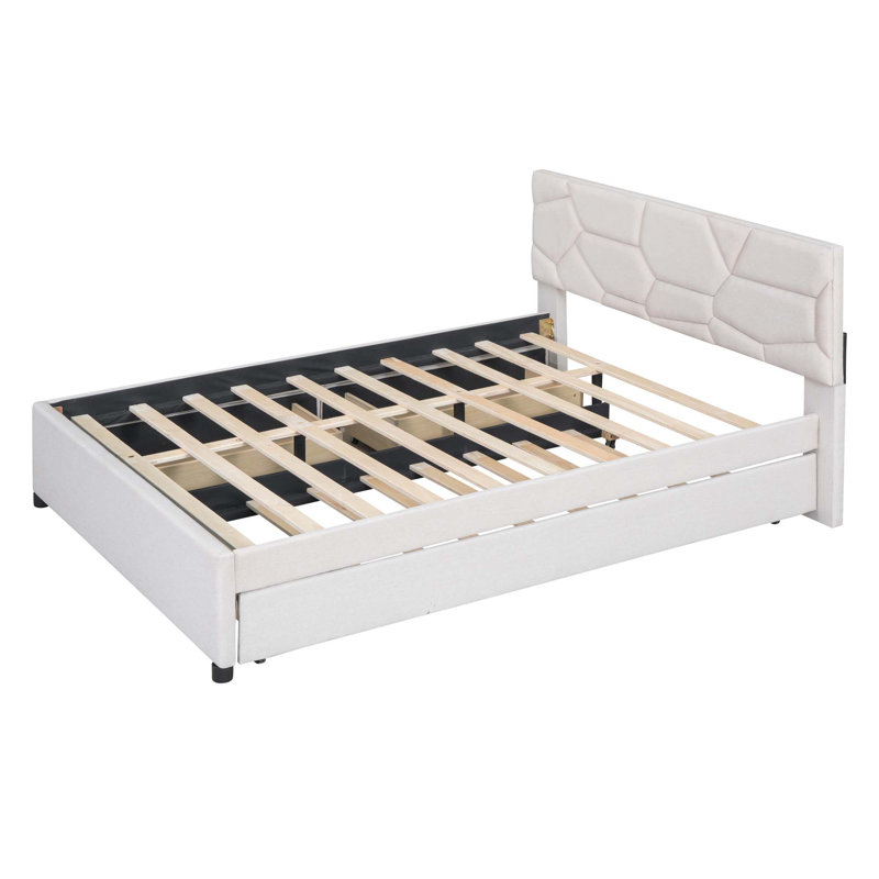 Jafrin Upholstered Platform Bed with Brick Pattern Headboard and Trundle, Queen, Beige