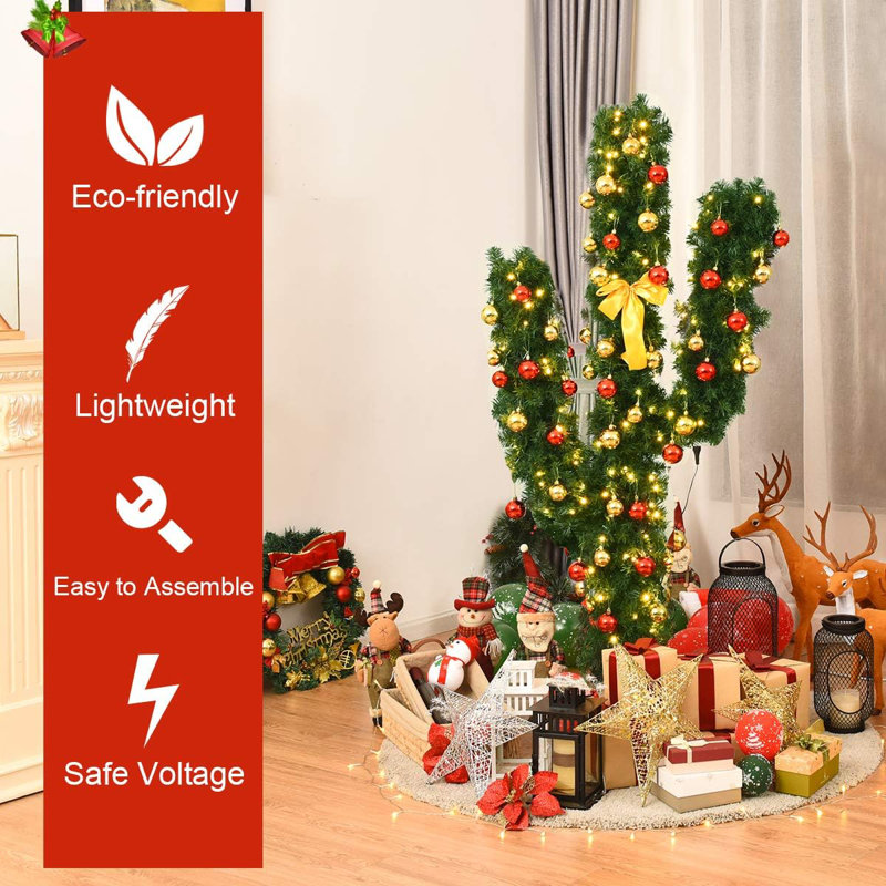 5ft Green PVC Cactus Christmas Tree with LED Lights and Bowknot