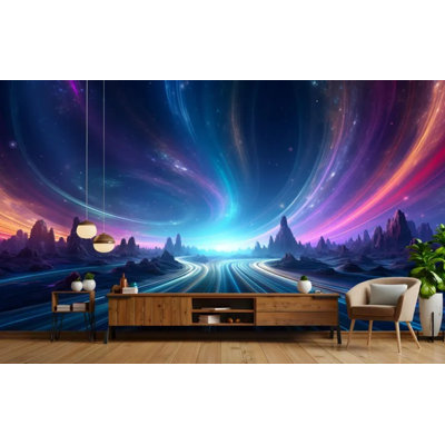 Cosmic Galaxy Aurora Landscape Wall Mural, Vibrant Alien Planet Starry Sky Mountain Wallpaper for Home Decor