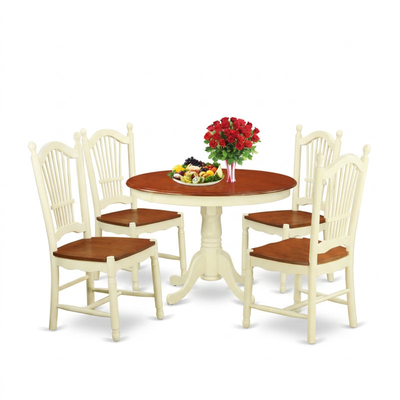 Ensemble de salle à manger rond 5 pièces en bois massif de cerisier couleur babeurre, style milieu du siècle, avec pied central.