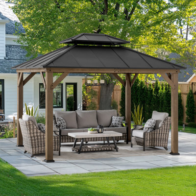 Sunjoy FSC Cedar Wooden Gazebo - 3m x 3.6m, Anthracite with 2-Tier Steel Roof - Outdoor Garden Pavilion for All Seasons